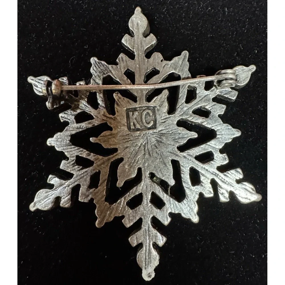 Vintage Snowflake Brooch Silver Tone Blue Rhinestone Enamel Winter Pin Marked KC